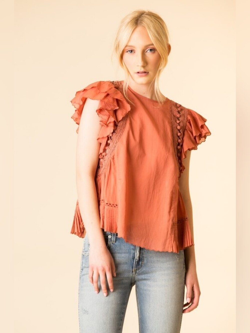 Sea New York Khloe Crochet Flutter Sleeve Blouse Pom Pom Rust Orange Size 4 Boho